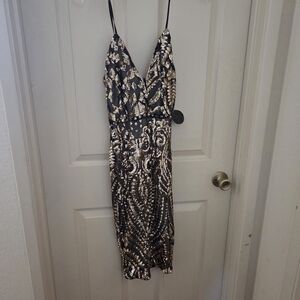 Hot Miami Styles Black and Gold Sequin Midi Dress